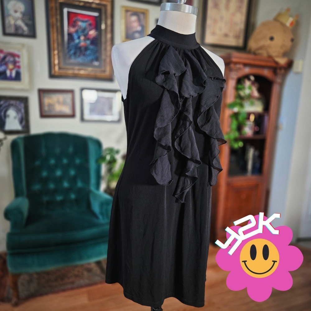 Vintage‎ Y2K IZ Byer California Black Ruffle Halter Dress Minimal Party Mini